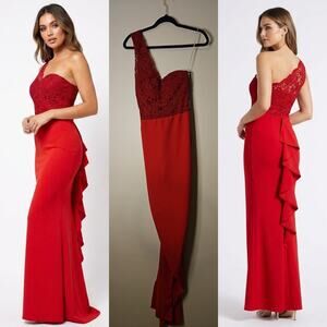 Issue New York One-Shoulder Red Lace Evening Gown XS
